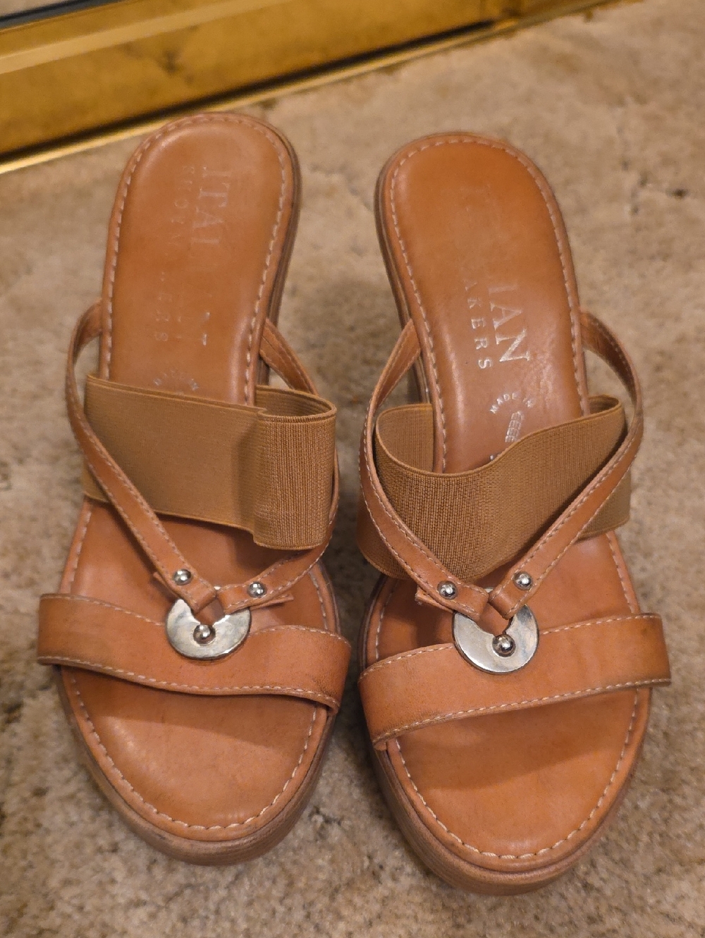 Italian Shoemakers Tan Leather Slide Mules with Elastic Strap